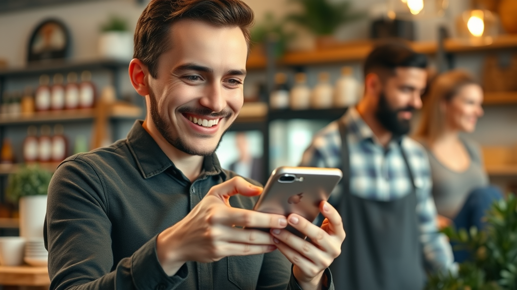 satisfied customer leaving a digital review for a small business, boosting local SEO ratings