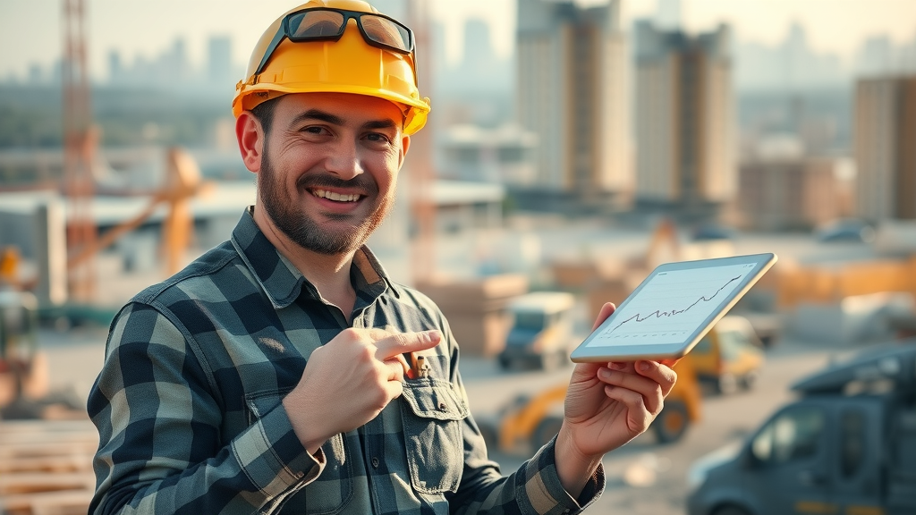 confident contractor using digital marketing analytics at busy construction site for local seo for contractors