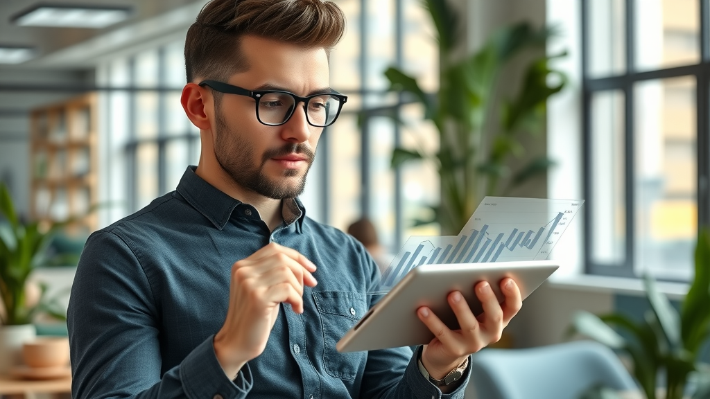 entrepreneur reviewing rising sales charts on digital tablet, coworking space, natural light, digital graphs for lead generation