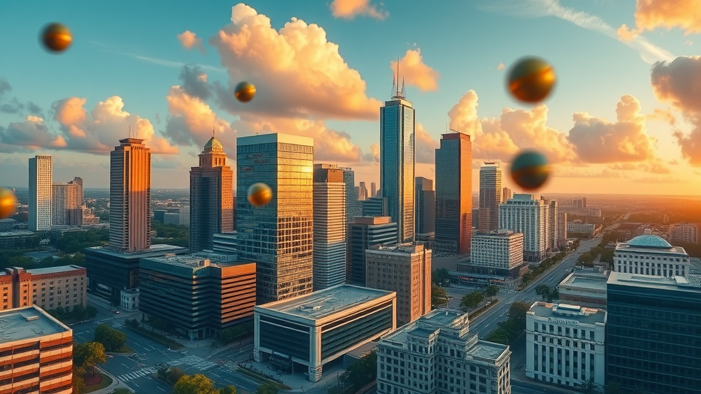 dynamic aerial view of downtown Orlando skyline, law firm buildings in focus for digital marketing