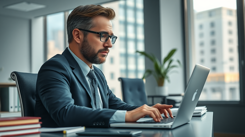 professional law office interior, lawyer analyzing data on a laptop for online advertising for lawyers in Orlando