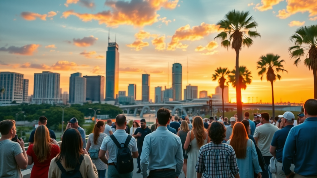 Vibrant Orlando cityscape at sunset showing bustling energy, people interacting with digital devices, backdrop of iconic Orlando skyline and palm trees, representing social media marketing Orlando.
