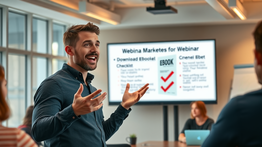 digital marketer presenting a webinar and downloadable eBook, marketing team attention focused, checklist on large screen, conference room with whiteboard and natural light