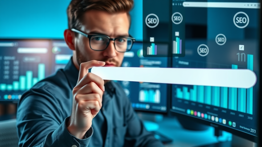 SEO specialist adjusting a website to improve search engine optimization, professional workspace with keyword data