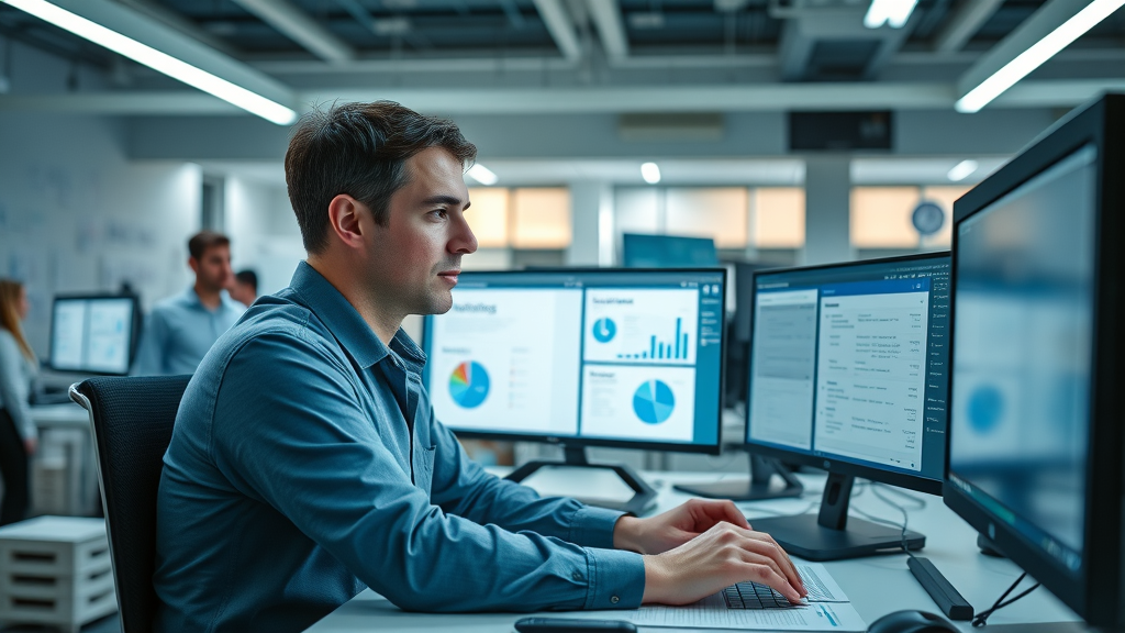 digital marketer conducting keyword research using SEO tool dashboards in modern office