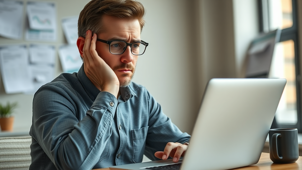 Frustrated business owner concerned about poor search engine optimization results on a laptop, highlighting SEO strategy importance.