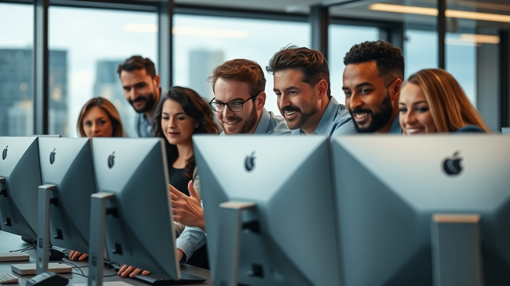 A dynamic Orlando digital marketing agency team collaborating in a modern office - digital marketing services Orlando Florida