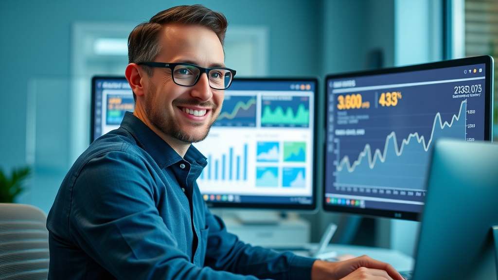 Analytical SEO dashboard for Orlando law firm, marketing manager studying keyword growth, office with data visualizations