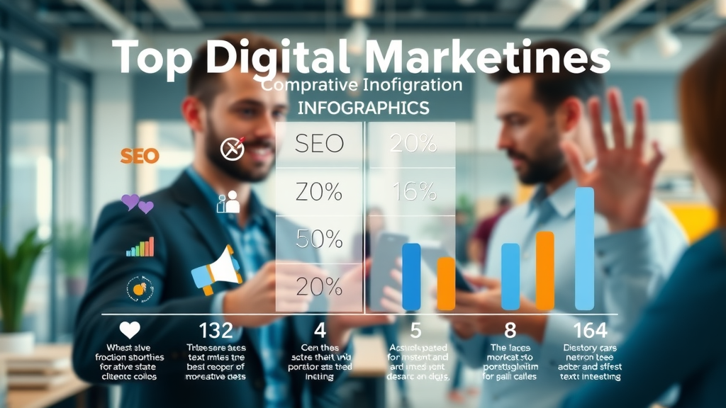 dynamic infographic comparing top digital marketing strategies in Orlando with icons for SEO, social media, and ROI trends
