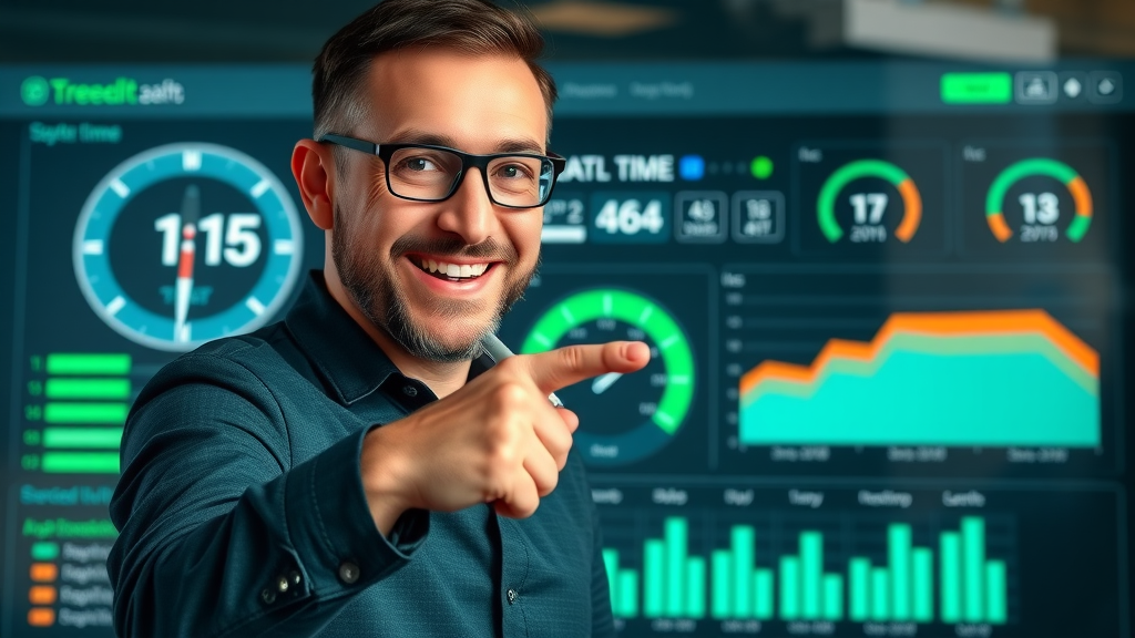 IT manager celebrating improved site speed on dashboard, website optimization before and after