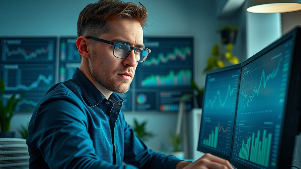 Digital marketer analyzing keyword research data on screens to optimize search engine rankings.