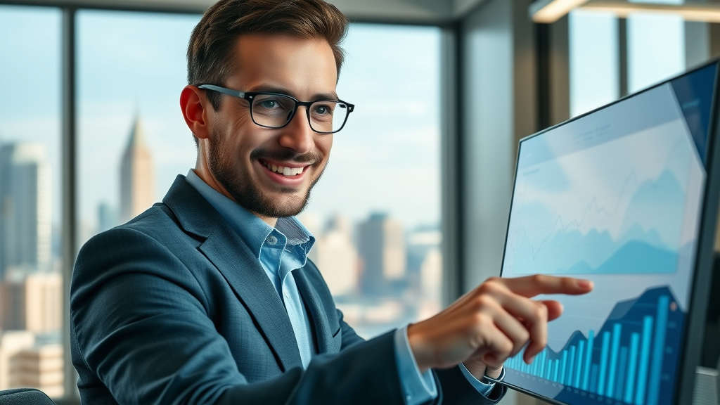 small business owner analyzing growth statistics on digital dashboard with automation stack charts on screen