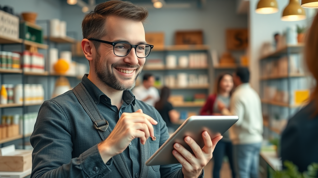 Small business owner using a tablet to request customer testimonial, gathering social proof for product page