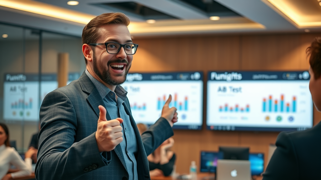 marketing strategist presenting funnel optimization ideas and A/B test results for funnel building