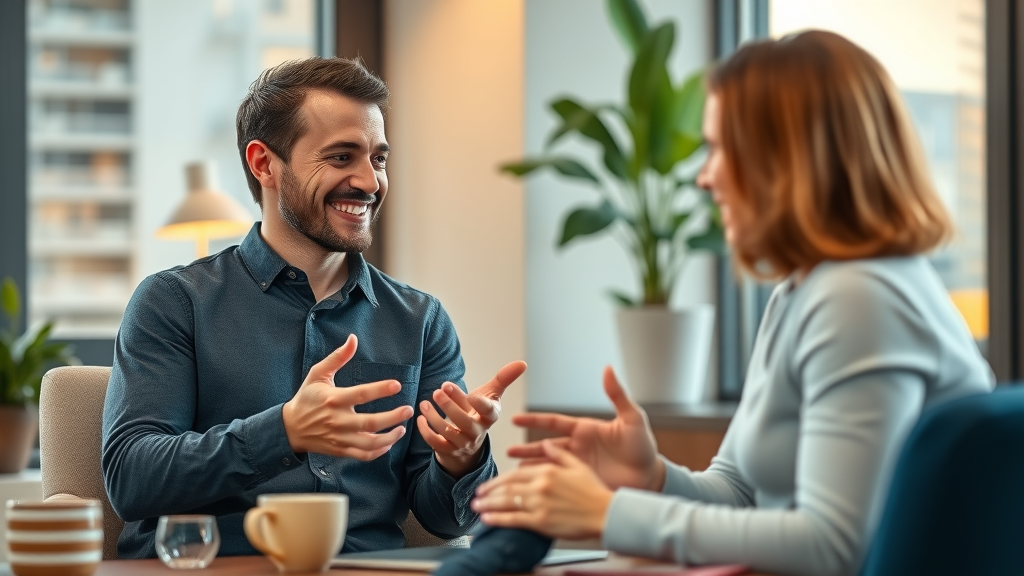 satisfied client giving feedback to manager in a cozy meeting space, open and appreciative dialogue