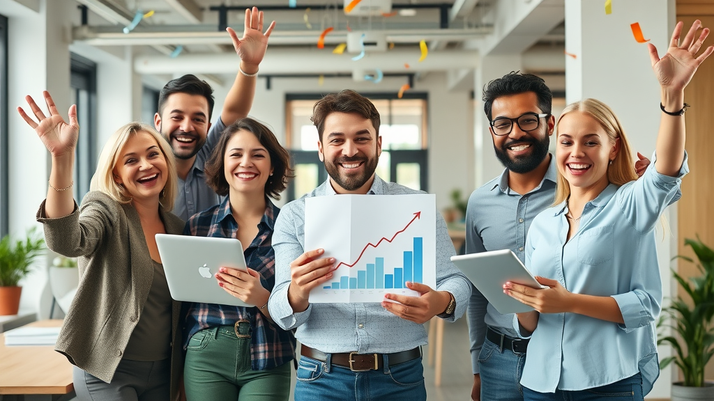 Small business team celebrating local SEO success with digital devices and growth charts