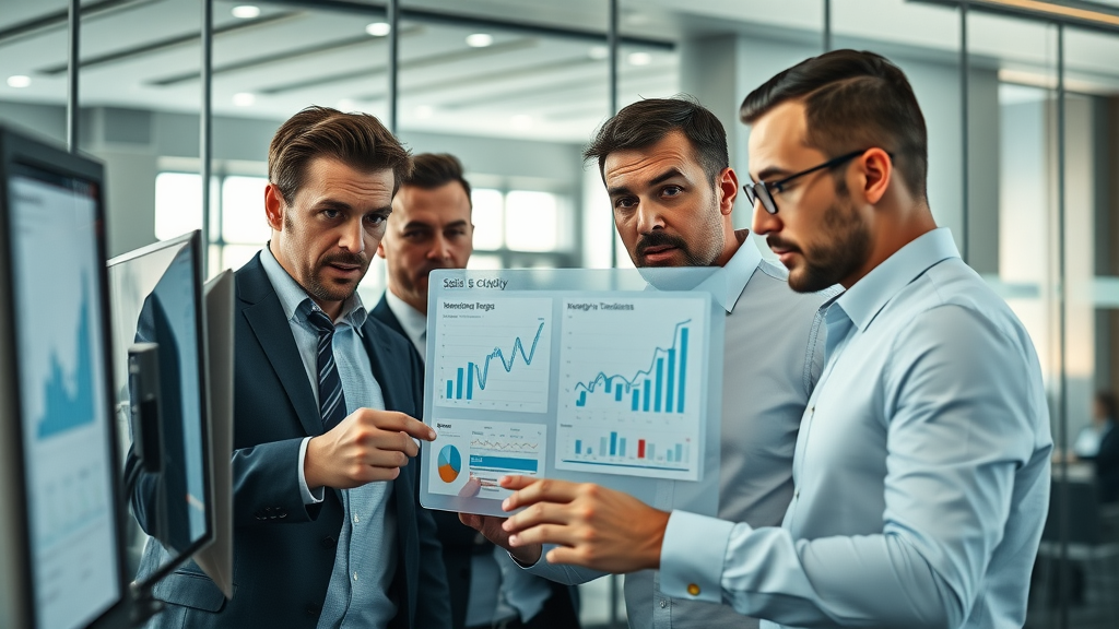 lead generation business team analyzing sales graphs in a modern office, collaborating around a digital dashboard, with graph and diagrams on screens, vibrant color palette, natural light