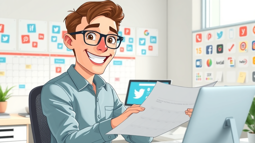 social media strategist organizing content calendar for lead generation, minimalist office, digital screens showing content marketing workflow