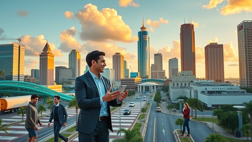 Small Business Growth Strategies Orlando Florida vibrant cityscape with optimistic business owners collaborating