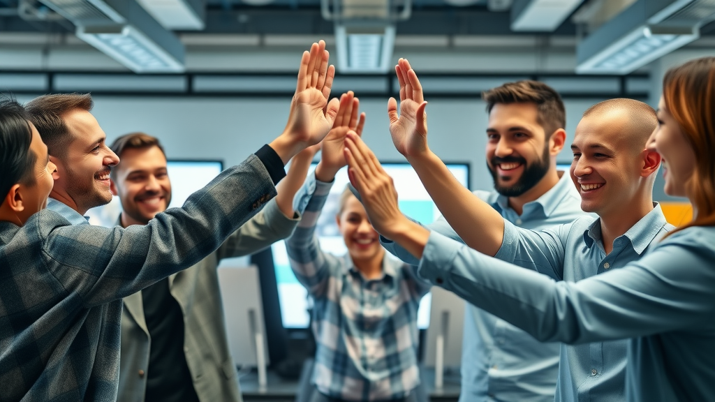 SaaS company team celebrating client onboarding milestone with high-fives in a modern tech office