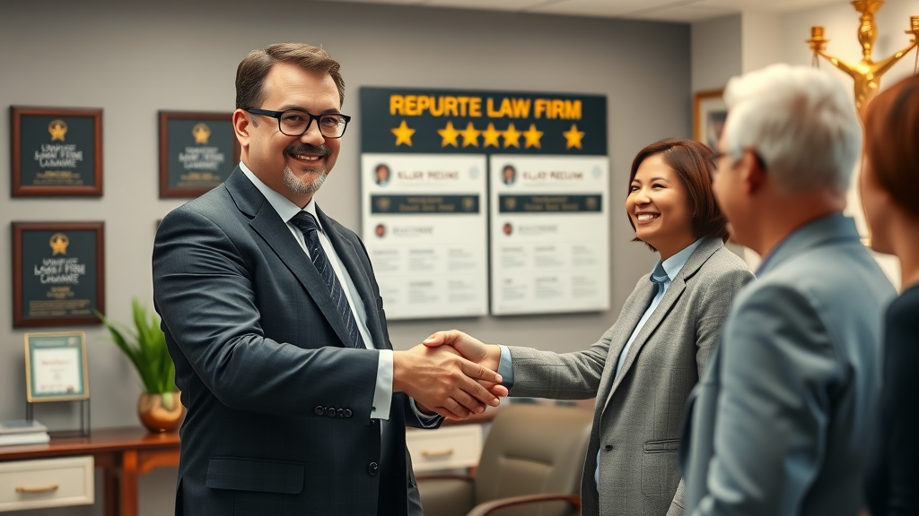 Attorney with proud client and display of law firm awards, online reviews visible in modern office, demonstrating reputation management for law firms in Orlando