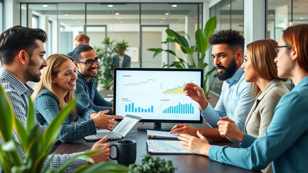 marketing strategy team analyzing campaign metrics in a modern office