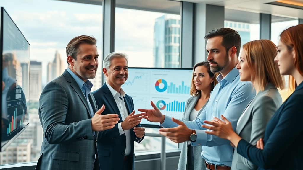 professional modern Orlando business team analyzing digital marketing data in sleek office with city views and interactive displays