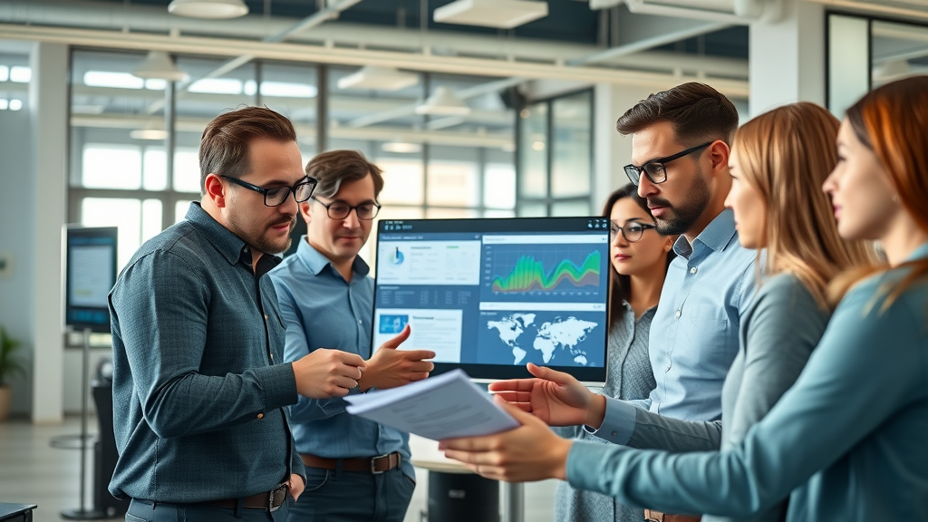 Professional marketing agency team collaboratively analyzing agency automation dashboards in a modern office