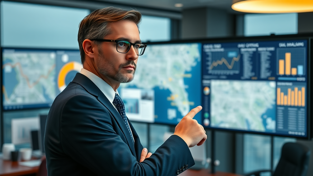 law firm SEO: Confident Orlando lawyer analyzing digital map and local SEO data for legal market, high-rise office