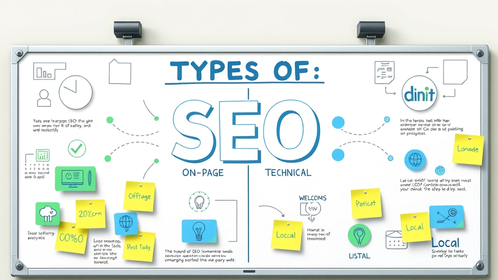 infographic types of SEO: on-page, off-page, technical, local - for engine optimization beginners