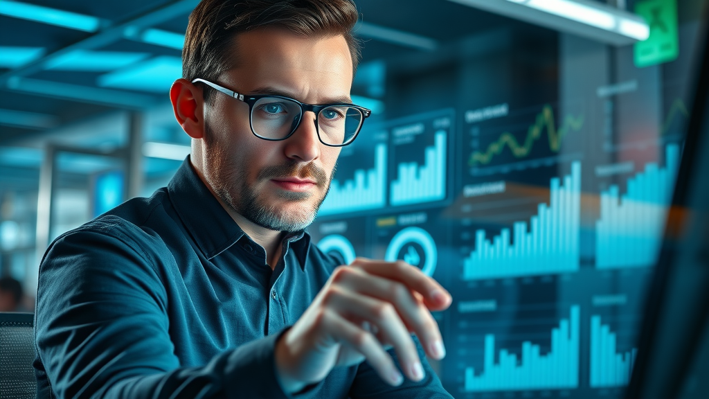 business analyst reviewing ROI analytics for law firm client acquisition, digital charts and interactive screens