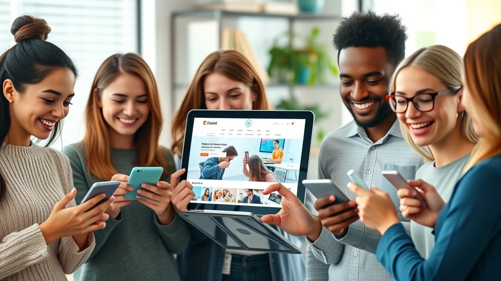 Happy diverse users browsing a responsive website on phones and tablets, displaying excellent website optimization and mobile responsiveness