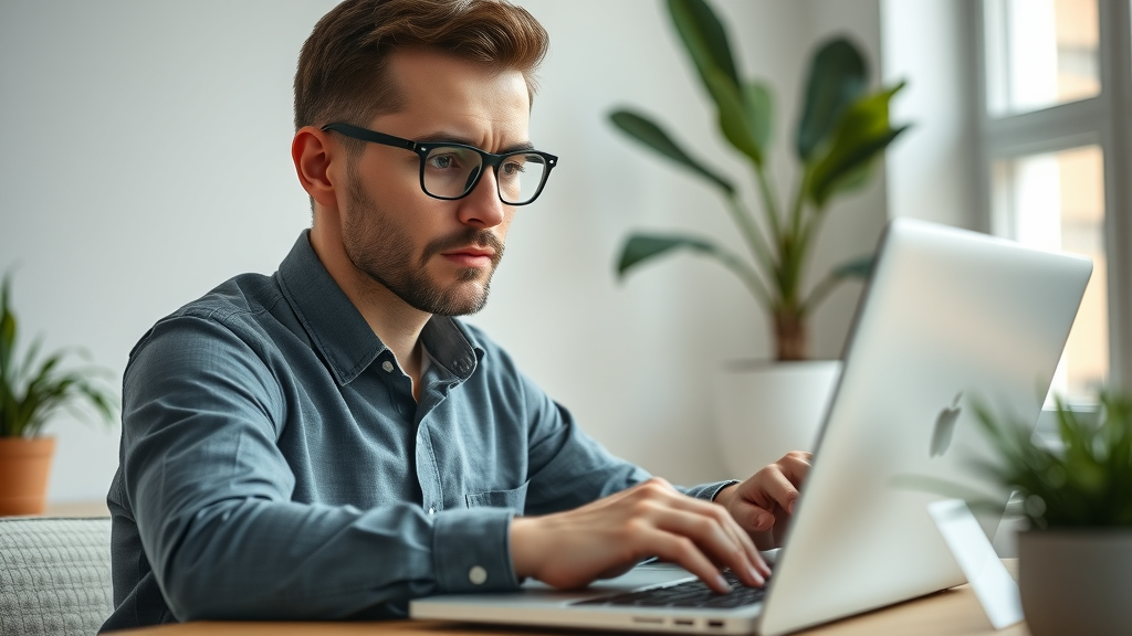 marketing professional thoughtfully sending cold outreach emails from a sleek laptop