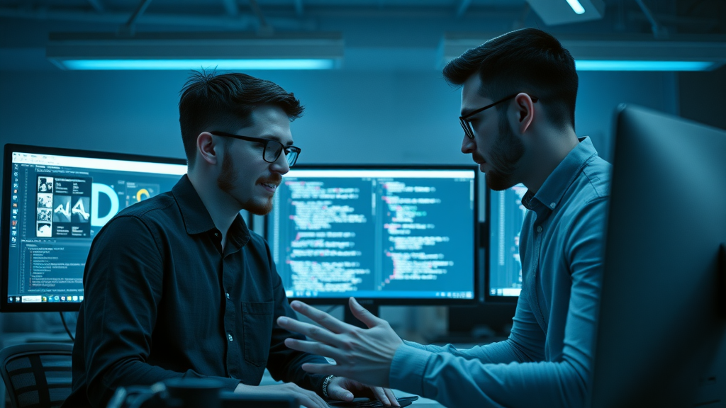 Web designer and web developer collaborating on modern site design project