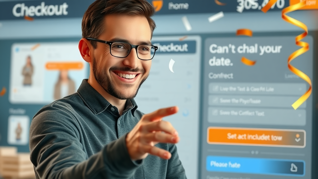 Happy user completing an optimized ecommerce journey on website, celebratory checkout experience