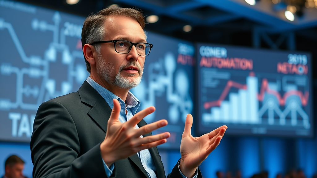 industry expert presenting about automation stack at tech conference