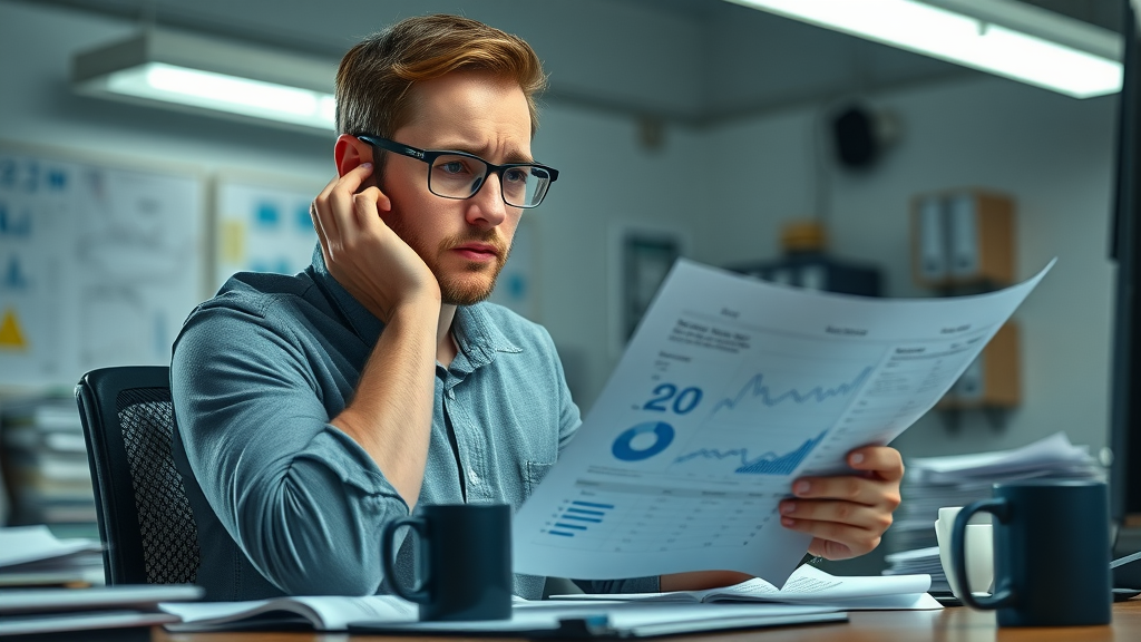frustrated marketing manager analyzing low-conversion lead generation analytics report, desk clutter, lead gen process mistakes
