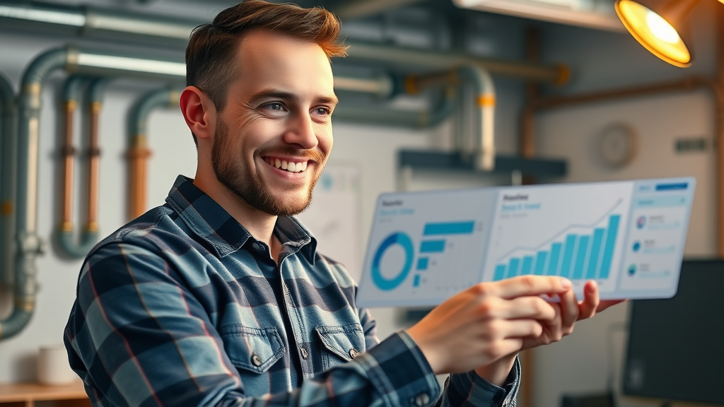 inspiring plumbing business owner reviewing leads from plumbing blog post ideas for plumbers