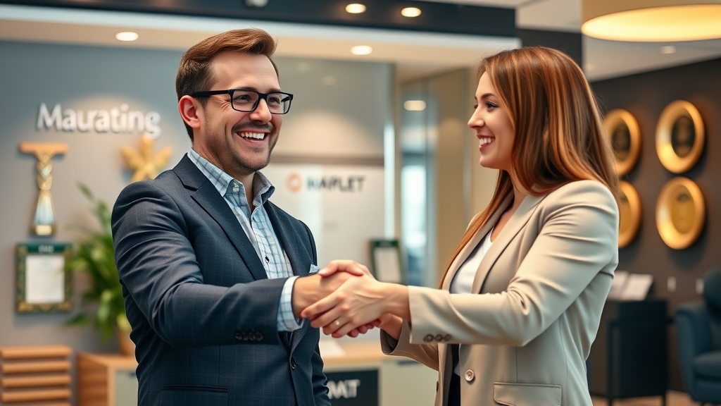 happy agency marketing client shaking hands with agency expert