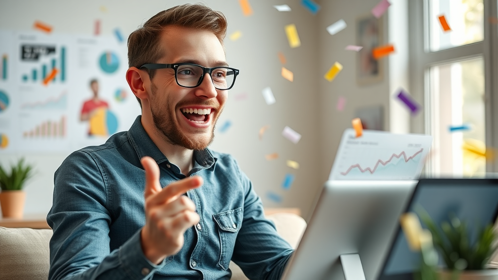 entrepreneur celebrating successful funnel building results with increased conversion analytics