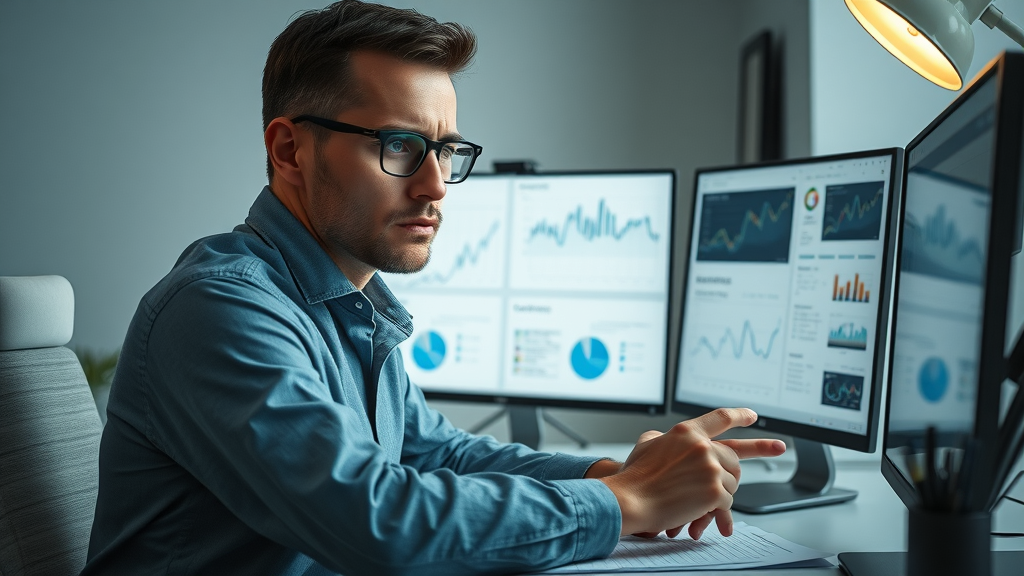 marketer analyzing funnel building performance report with declining conversion metrics