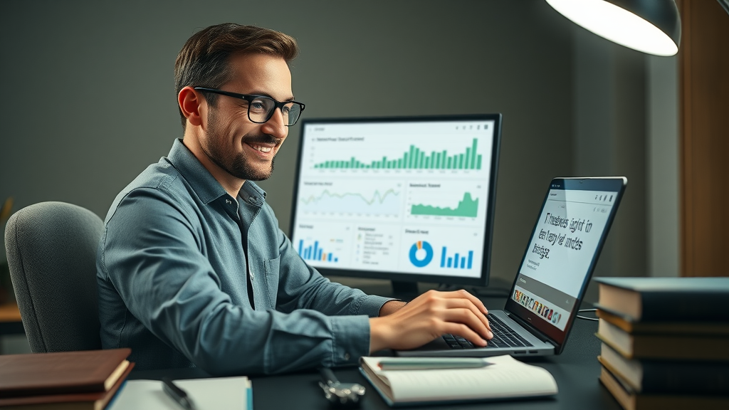Professional SEO specialist optimizing law firm website, analytics on laptop, legal marketing context, animated charts