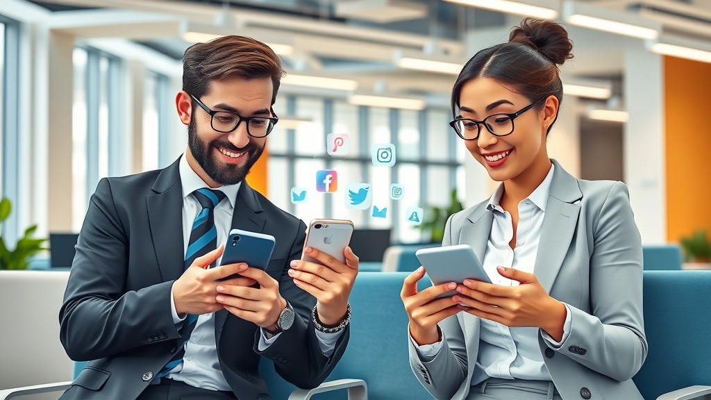 Orlando law firm social media workflow, lawyers collaborating with social icons, shared office, animated notifications