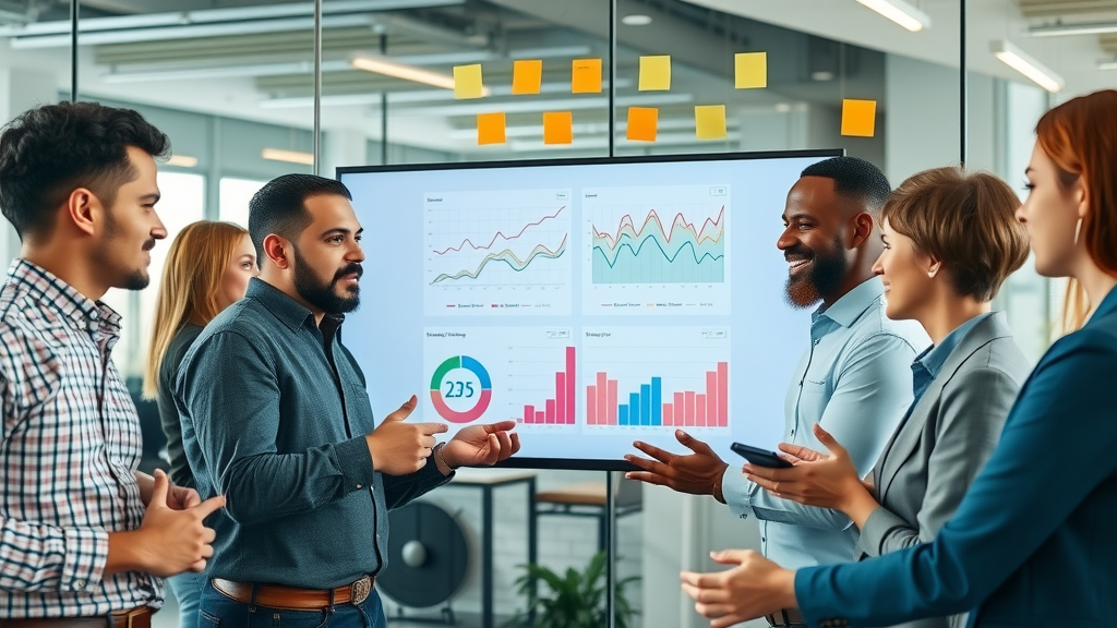 Collaborative marketing team analyzing metrics to track social proof efficacy in a modern office