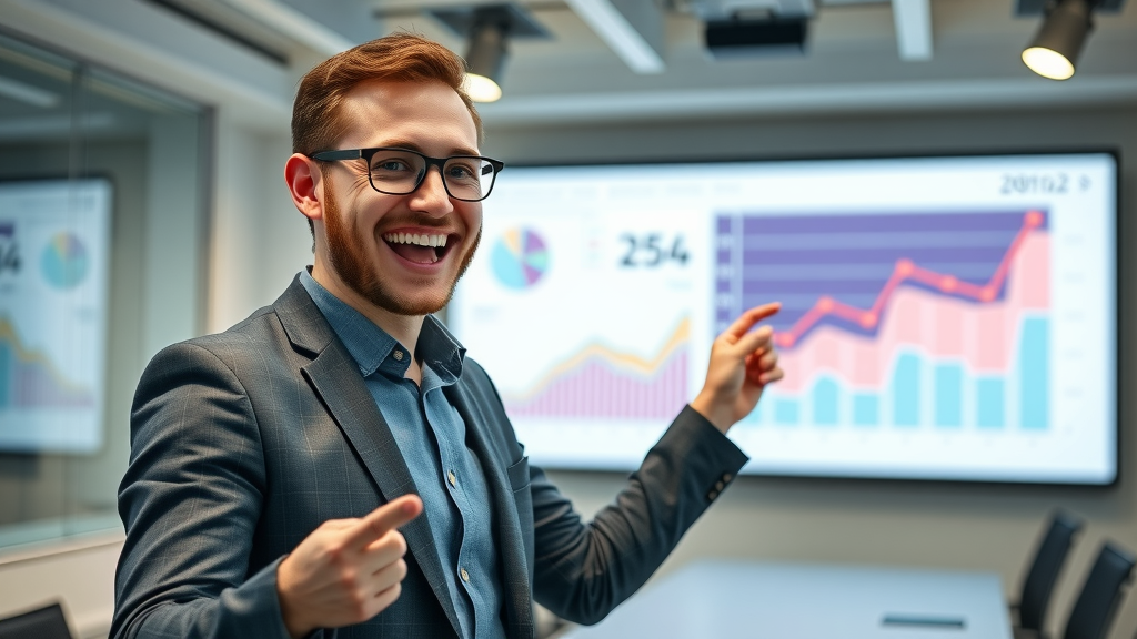 Business analyst presenting marketing automation KPI graphs for performance improvement