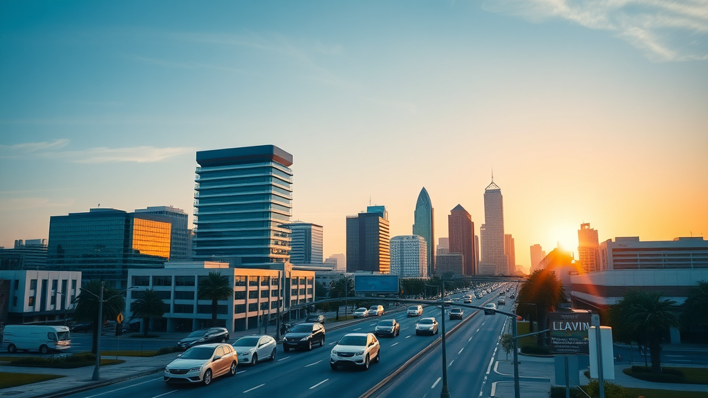 Legal practice marketing trends in Orlando Florida - dynamic Orlando city skyline at sunrise with law firms visible, busy legal professionals commuting downtown