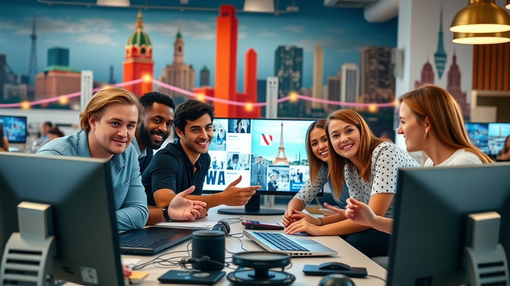 innovative diverse team of Orlando digital marketers brainstorming in a creative workspace with Orlando landmark murals