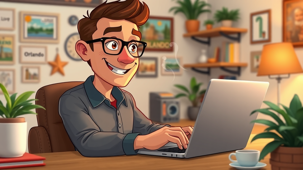 engaging Orlando digital marketing specialist creating local content in a cozy workspace with Orlando memorabilia