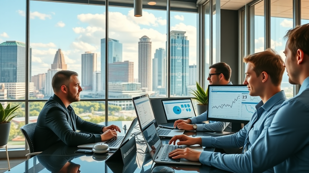 dynamic Orlando downtown skyline, business professionals in a contemporary coworking space collaborating on top Orlando content marketing tools, marketing dashboards in the background