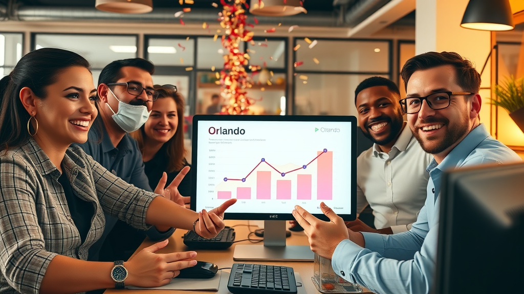 successful Orlando small business team celebrating analytics growth after using top content marketing tools in a vibrant office